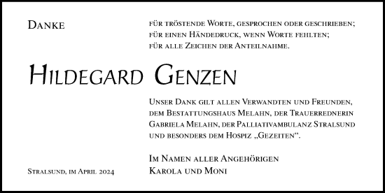 Traueranzeige von Hildegard Genzen von Ostsee-Zeitung GmbH