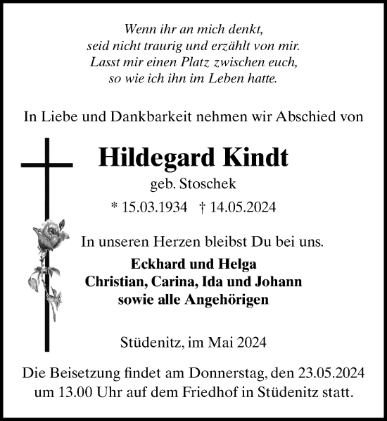 Traueranzeige von Hildegard Kindt von Wochenspiegel