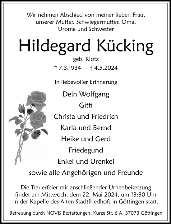 Traueranzeige von Hildegard Kücking von Göttinger Tageblatt
