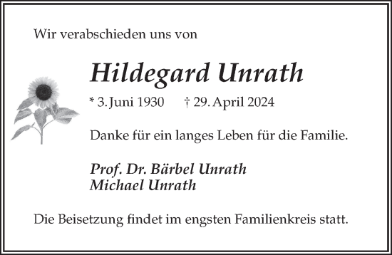 Traueranzeige von Hildegard Unrath von Märkischen Allgemeine Zeitung