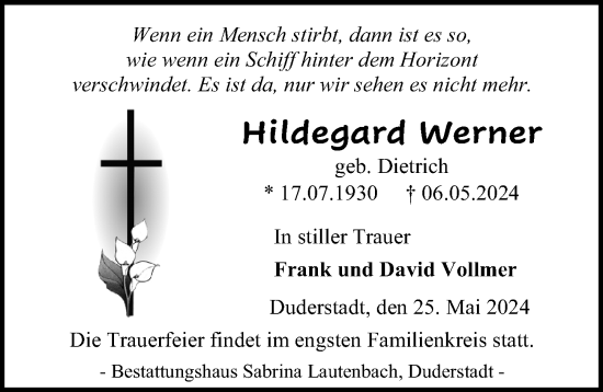 Traueranzeige von Hildegard Werner von Eichsfelder Tageblatt