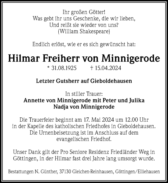 Traueranzeige von Hilmar  Frieherr von Minnigerode von Göttinger Tageblatt