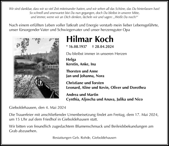 Traueranzeige von Hilmar Koch von Eichsfelder Tageblatt