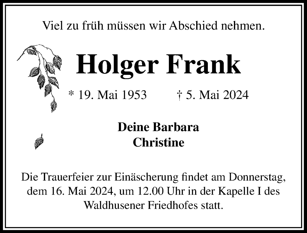  Traueranzeige für Holger Frank vom 12.05.2024 aus Lübecker Nachrichten