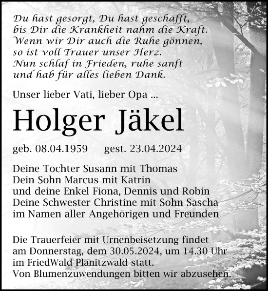 Traueranzeige von Holger Jäkel von Leipziger Volkszeitung