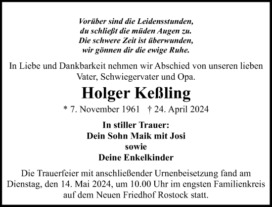 Traueranzeige von Holger Keßling von Ostsee-Zeitung GmbH