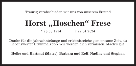 Traueranzeige von Horst Frese von Hannoversche Allgemeine Zeitung/Neue Presse