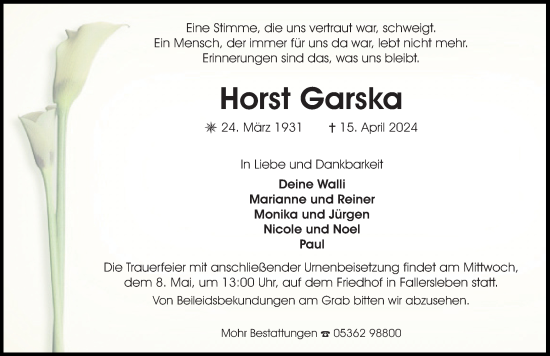 Traueranzeige von Horst Garska von Aller Zeitung
