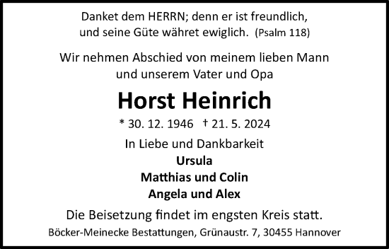 Traueranzeige von Horst Heinrich von Hannoversche Allgemeine Zeitung/Neue Presse