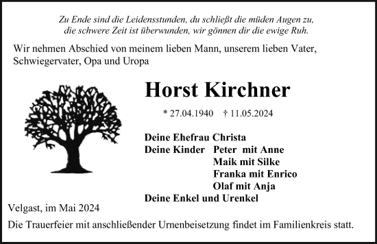 Traueranzeige von Horst Kirchner von Ostsee-Zeitung GmbH
