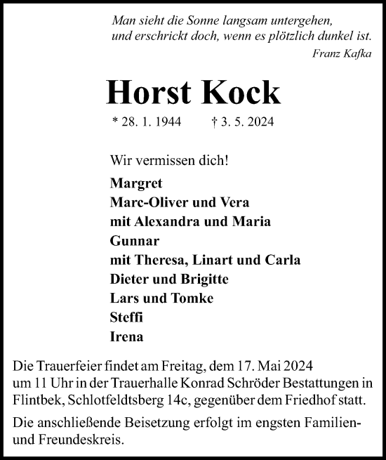 Traueranzeige von Horst Kock von Kieler Nachrichten