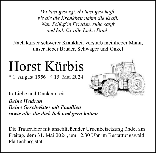 Traueranzeige von Horst Kürbis von Wochenspiegel