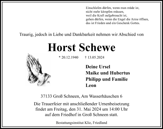 Traueranzeige von Horst Schewe von Göttinger Tageblatt