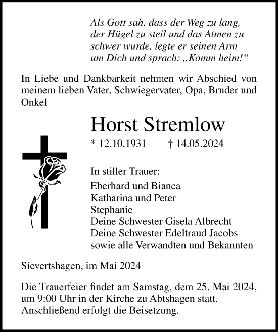 Traueranzeige von Horst Stremlow von Ostsee-Zeitung GmbH