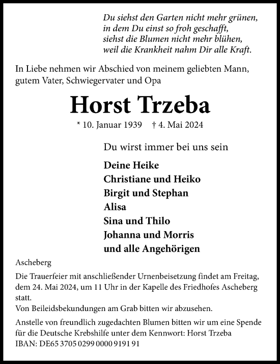Traueranzeige von Horst Trzeba von Kieler Nachrichten
