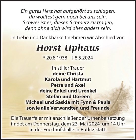 Traueranzeige von Horst Uphaus von Wochenspiegel