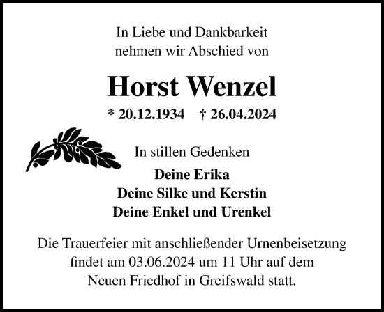 Traueranzeige von Horst Wenzel von Ostsee-Zeitung GmbH