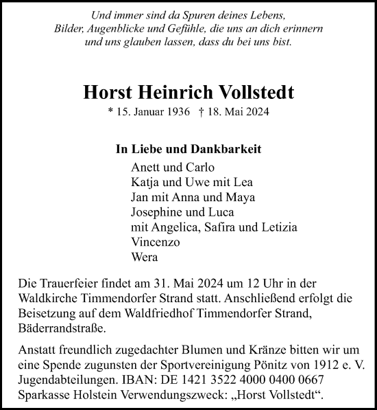 Traueranzeige von Horst Heinrich Vollstedt von Lübecker Nachrichten