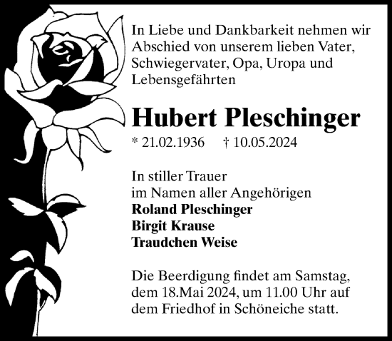 Traueranzeige von Hubert Pleschinger von Märkischen Allgemeine Zeitung