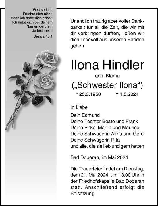 Traueranzeige von Ilona Hindler von Ostsee-Zeitung GmbH