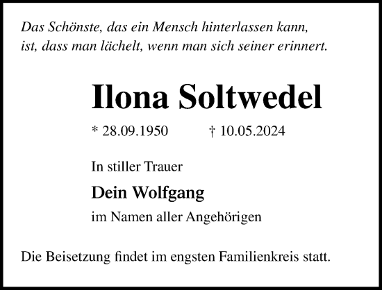Traueranzeige von Ilona Soltwedel von Ostsee-Zeitung GmbH