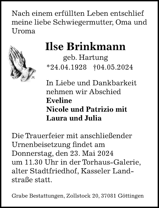 Traueranzeige von Ilse Brinkmann von Göttinger Tageblatt