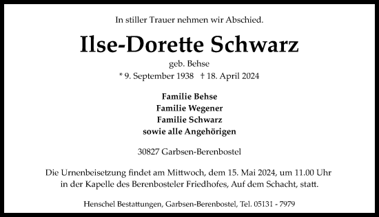Traueranzeige von Ilse-Dorette Schwarz von Hannoversche Allgemeine Zeitung/Neue Presse