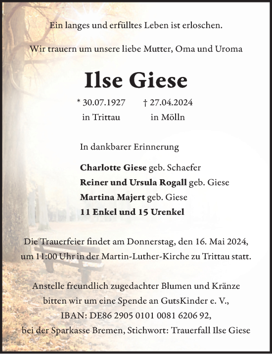 Traueranzeige von Ilse Giese von Lübecker Nachrichten