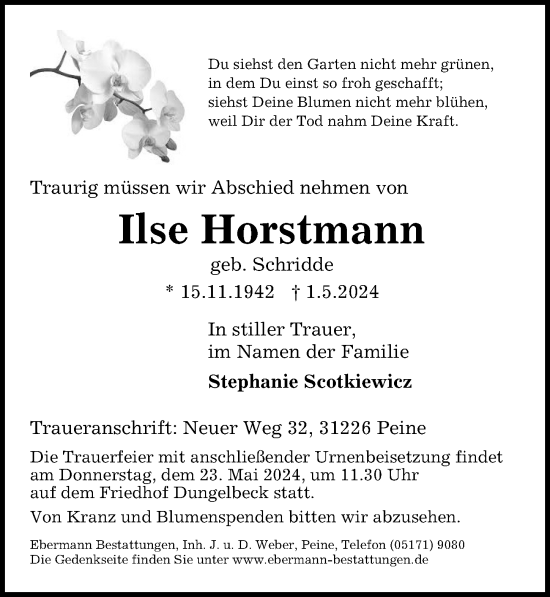 Traueranzeige von Ilse Horstmann von Peiner Allgemeine Zeitung