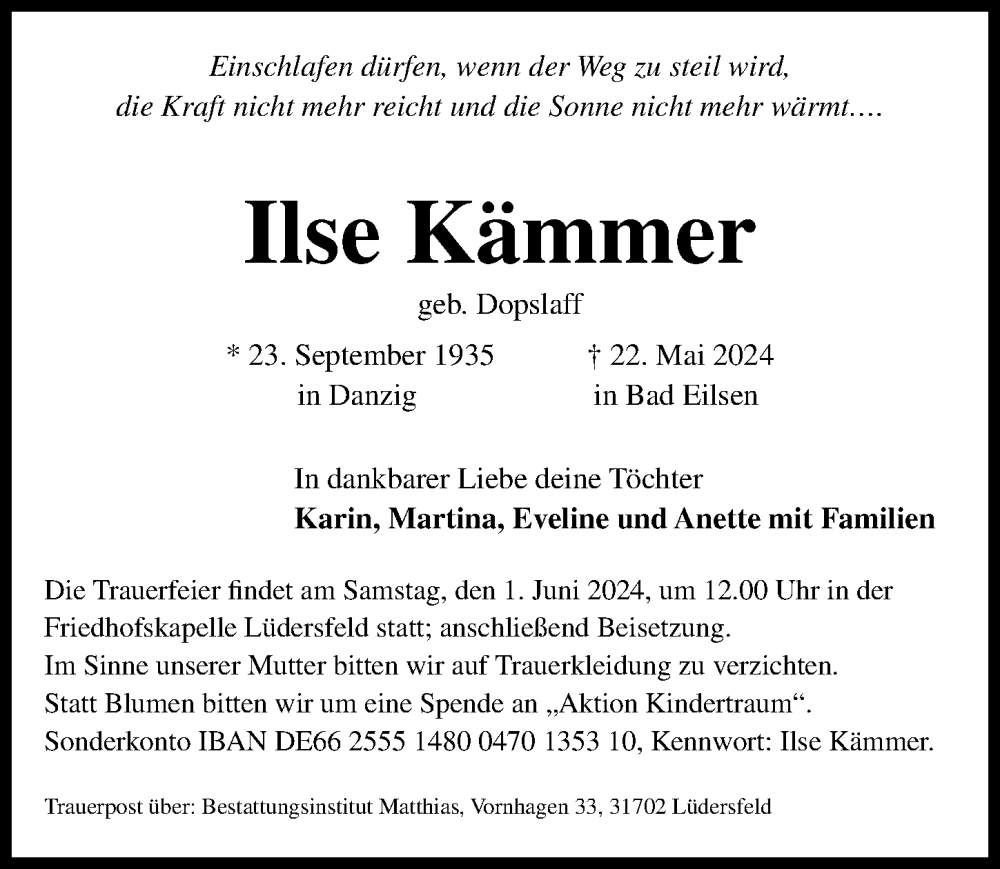  Traueranzeige für Ilse Kämmer vom 25.05.2024 aus Hannoversche Allgemeine Zeitung/Neue Presse