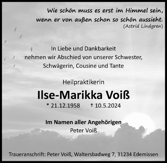 Traueranzeige von Ilse-Marikka Voiß von Peiner Allgemeine Zeitung