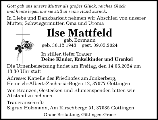 Traueranzeige von Ilse Mattfeld von Göttinger Tageblatt