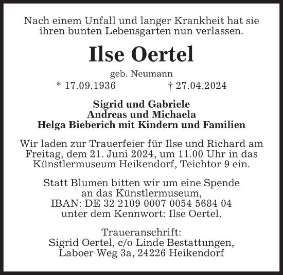 Traueranzeige von Ilse Oertel von Kieler Nachrichten