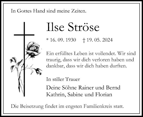 Traueranzeige von Ilse Ströse von Märkischen Allgemeine Zeitung