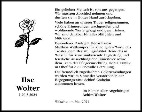 Traueranzeige von Ilse Wolter von Aller Zeitung