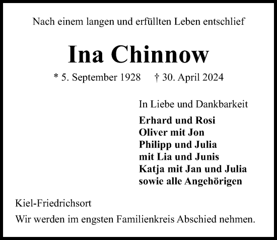 Traueranzeige von Ina Chinnow von Kieler Nachrichten