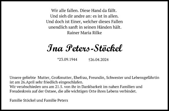 Traueranzeige von Ina Peters-Stöckel von Lübecker Nachrichten