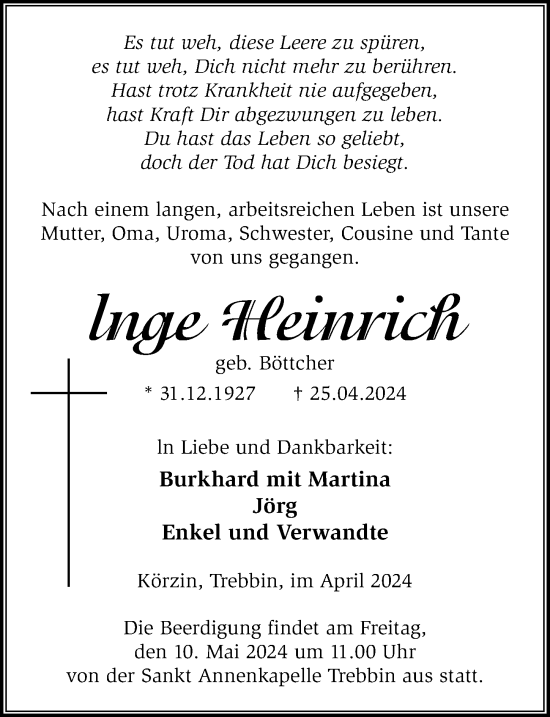 Traueranzeige von Inge Heinrich von Märkischen Allgemeine Zeitung