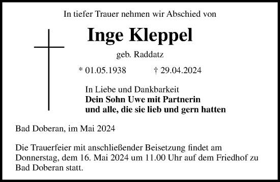 Traueranzeige von Inge Kleppel von Ostsee-Zeitung GmbH