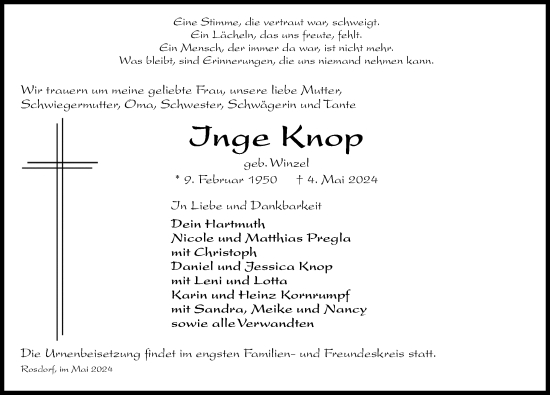 Traueranzeige von Inge Knop von Göttinger Tageblatt