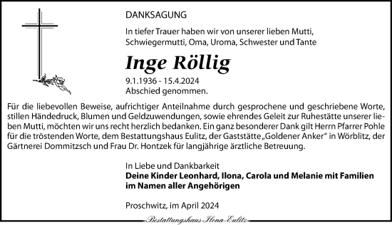 Traueranzeige von Inge Röllig von Torgauer Zeitung