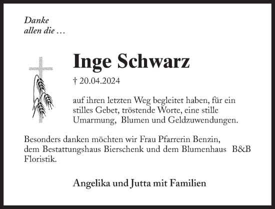 Traueranzeige von Inge Schwarz von Märkischen Allgemeine Zeitung