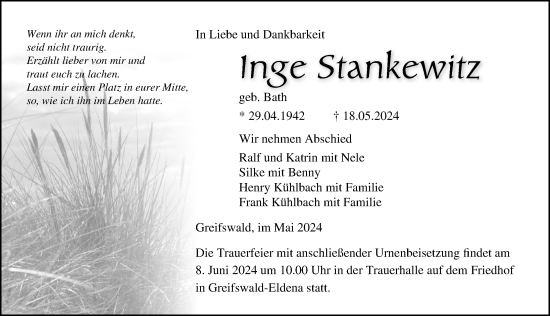 Traueranzeige von Inge Stankewitz von Ostsee-Zeitung GmbH