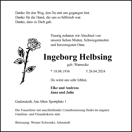 Traueranzeige von Ingeborg Helbsing von Peiner Allgemeine Zeitung