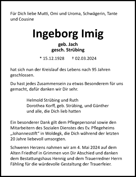 Traueranzeige von Ingeborg Imig von Ostsee-Zeitung GmbH