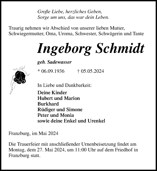 Traueranzeige von Ingeborg Schmidt von Ostsee-Zeitung GmbH