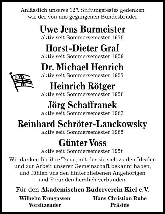 Traueranzeige von In Gedenken verstorbene Bundesbrüder von Kieler Nachrichten