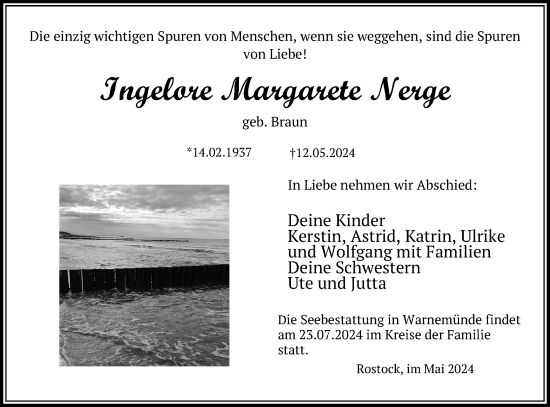 Traueranzeige von Ingelore Margarete Nerge von Ostsee-Zeitung GmbH