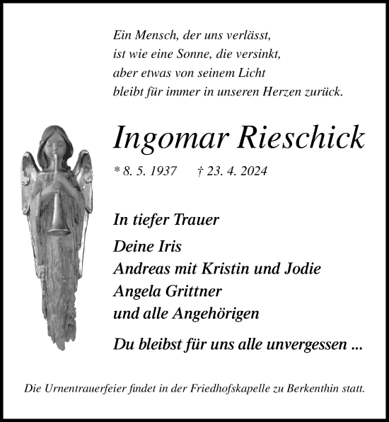 Traueranzeige von Ingomar Rieschick von Lübecker Nachrichten