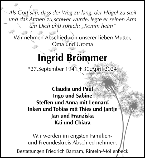 Traueranzeige von Ingrid Brömmer von Schaumburger Zeitung/ Landes-Zeitung